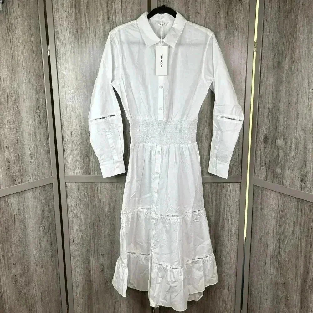 Thakoon White Dress Sz 8 Smocked Waist Button Down Maxi Ladder Trim